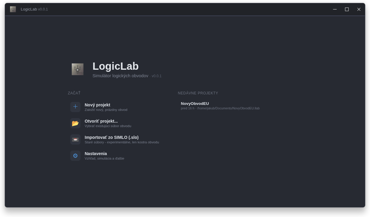 Úvodná obrazovka aplikácie LogicLab s ponukou Nový projekt, Otvoriť projekt, import zo SIMLO a nedávnymi projektmi